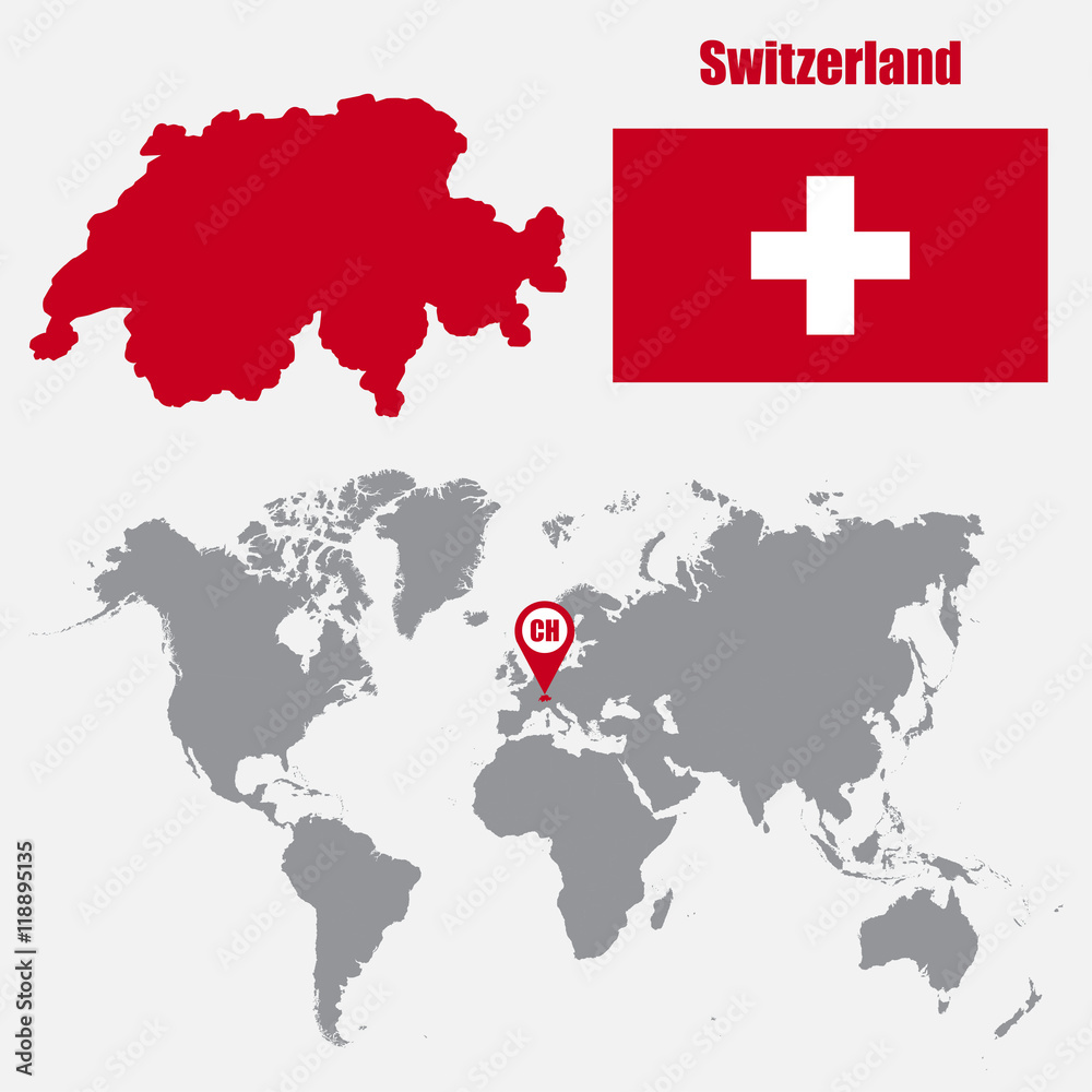 Poster Switzerland map on a world map with flag and map pointer. Vector illustration