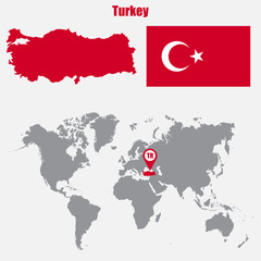 Turkey map on a world map with flag and map pointer. Vector illustration