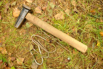 Hammer and bent nailson grass
