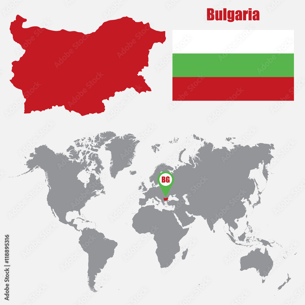 Aufkleber Bulgaria map on a world map with flag and map pointer. Vector illustration