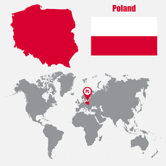Poland map on a world map with flag and map pointer. Vector illustration