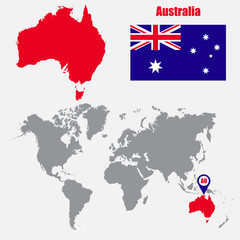 Australia map on a world map with flag and map pointer. Vector illustration