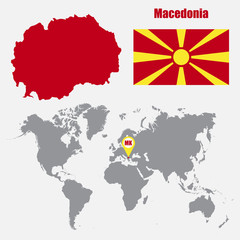 Macedonia map on a world map with flag and map pointer. Vector illustration