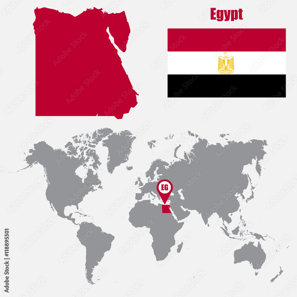 Poster Egypt map on a world map with flag and map pointer. Vector illustration
