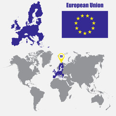 European Union map on a world map with flag and map pointer. Vector illustration