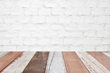 Perspective vintage wood over white brick wall background