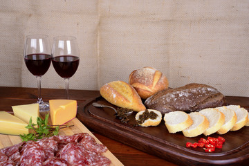Charcuterie and Cheese Platter, Bread, Chimichurri and Red Wine