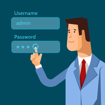 Vector illustration admin pushing username and password fields login box