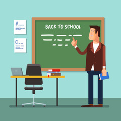 Vector illustration of a teacher in the classroom at the blackboard explaining the lesson or lecture