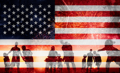 Silhouette of family happy on the Independence Day (United States) or ID4