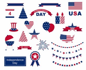 USA celebration flat national symbols set for independence day isolated on white background