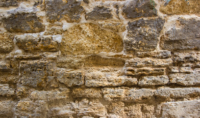 Texture Rakushnjak or coquina. Bricks Stone Sand selling of fossil corals, sponges, shells, rapanov, spongy surface. horizontal shot