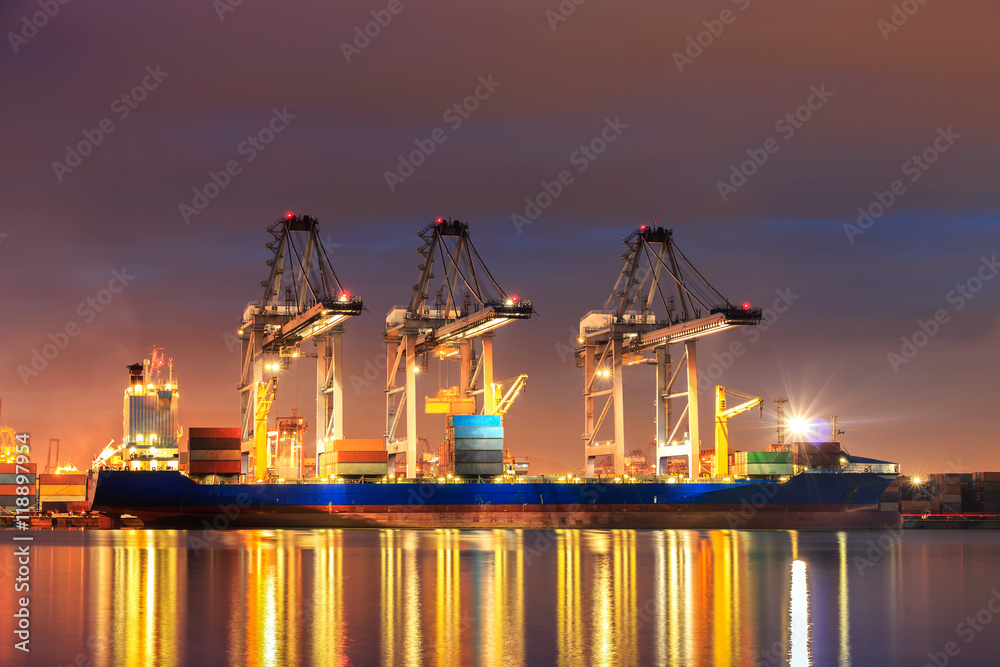 Wall mural containers loading by crane in the morning , trade port , shipping