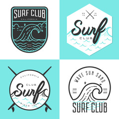 Set of logo, badges, banners, emblem and elements for surf club. Vector illustration - obrazy, fototapety, plakaty