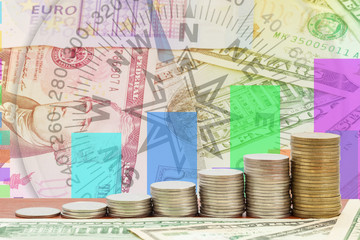 Row of coins with dollar banknote on wood table,financial concep