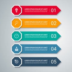 Infographic arrow design elements. Business template with 5 options, steps, parts. Can be used for diagram, graph, chart, report, data visualisation, web design. Colorful vector banner