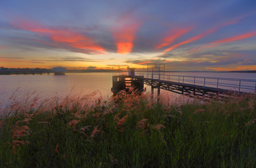 Beautiful views at sunset of the reservoir (Dok Krai reservoir), Rayong Province, Thailand.