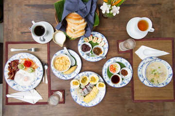 Breakfast set on table top view