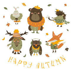 Set of cartoon characters and autumn elements