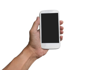 Hand holding smart phone isolated on white background.