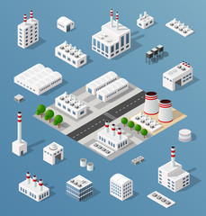 The 3D perspective view of a set of objects of industrial plants, factories, parking lots and warehouses. Isometric view from above the city with streets, buildings and trees.