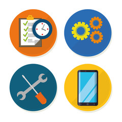 tools smartphone gears checklist customer service technical service call center icon set. Colorful and flat design. Vector illustration