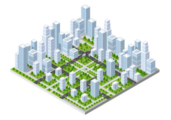 3D isometric city landscape of skyscrapers, houses, gardens and streets in a three-dimensional top view