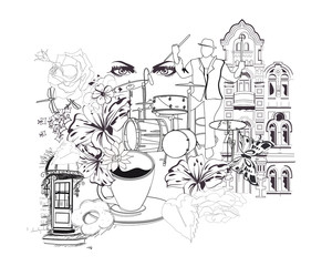 Abstract design with woman's eyes, flowers, architectural elements for adult atistress coloring. A cup of coffee.