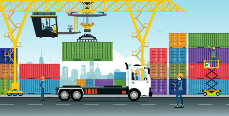 Container Cranes have delivery trucks and containers at the warehouse.
