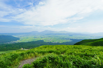 Fototapeta na wymiar Beautiful from the highest peak of Aso mountain chain in Kumamoto, Japan
