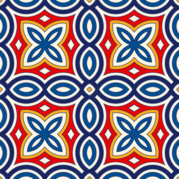 Seamless pattern with symmetric geometric ornament. Bright abstract background.