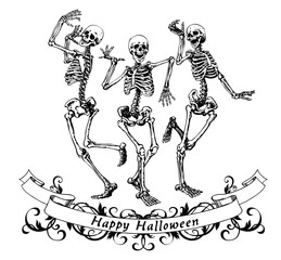 Happy halloween dancing skeletons isolated vector illustration for fun party poster - obrazy, fototapety, plakaty