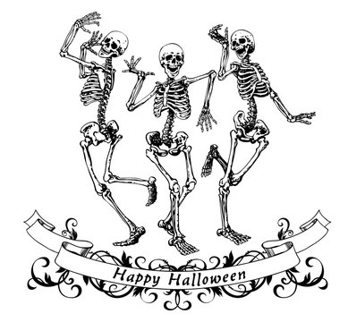 Happy halloween dancing skeletons isolated vector illustration for fun party poster
