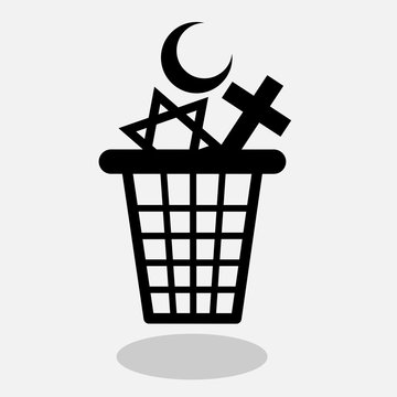 Atheism and end of religious belief - vector illustration of waste container with symbols of religions as metaphor of decline of religiosity and faith in god