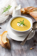 Vegetable cream soup in a white bowl