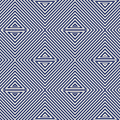 Pattern with geometric ornament. Striped navy blue abstract background. Repeated triangles wallpaper.