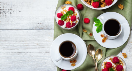 Breakfast concept. Coffee muesli granola berries homemade yogurt