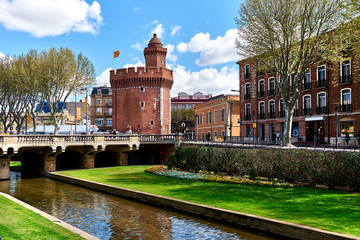 View to the Canal and Castle of Perpignan in springtime. France