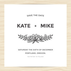 Save the date, wedding invitation card template with hand drawn flower. Minimal design. Vector illustration.