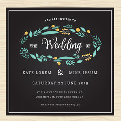 Save the date, wedding invitation card template with wreath flower on chalkboard background. Vector illustration.