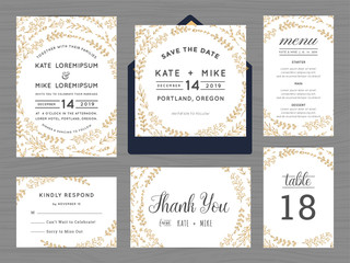 Set of wedding suite template decorate with wreath flowers in golden color includes save the date, wedding invitation, wedding menu, RSVP, thank you card, table number. Vector illustration.
