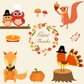 The little fox  holding ,turkey chicken,pumpkins, pie,owls,squir
