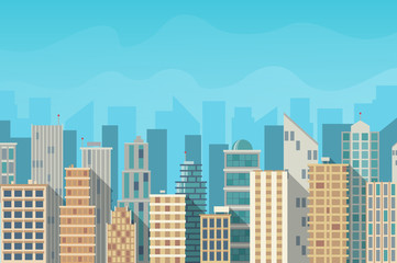 Fototapeta na wymiar City landscape vector illustration. Urban skyline. Background with buildings in flat style.