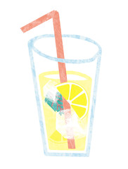 A glass of lemonade with a straw and ice