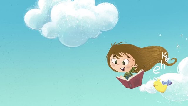 Niña volando en el cielo con libro con pajaro