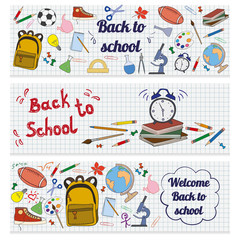 Set of banners with school supplies.