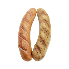 Fried smoked sausages or bratwurst isolated on white background.
