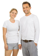 Couple wearing blank white shirts