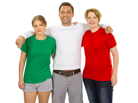 Three People Wearing Green White And Red Blank Shirts