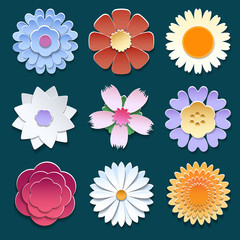 Vector paper cut 3d origami flowers set